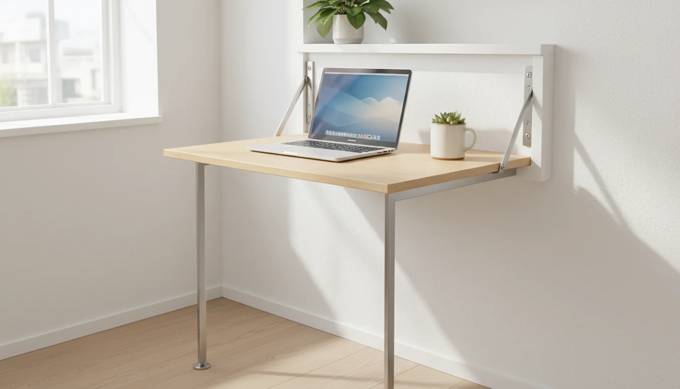 A minimalist light wood fold-down desk extended from a white wall in a small corner, holding a laptop and mug.