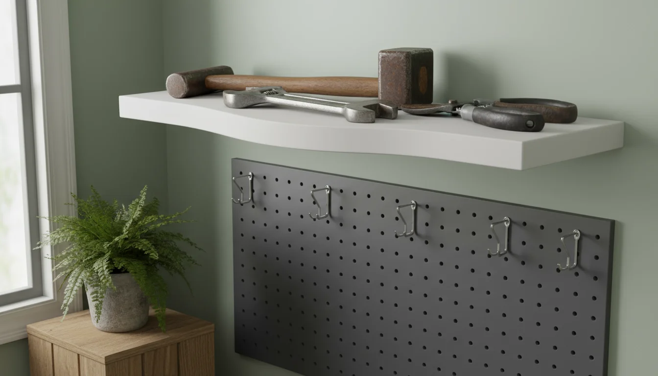 A minimalist white floating shelf visibly sags under the weight of heavy hand tools like a hammer, wrench, and gardening shears in a utility space.