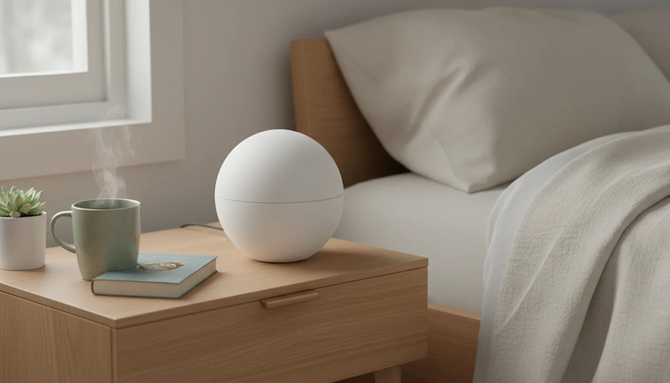 A minimalist white noise machine sits on a wooden nightstand with a tea mug, book, and succulent in a sunlit bedroom.