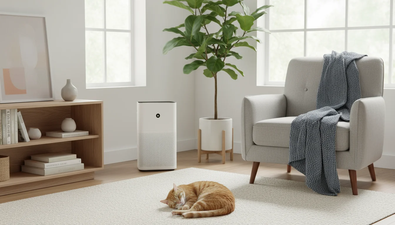 Modern air purifier next to a ginger cat napping on a light rug in a cozy, clean living room.