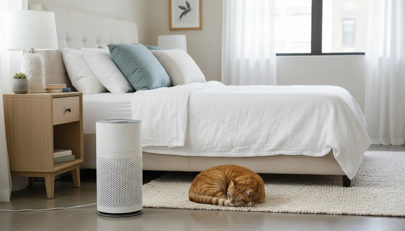 A modern air purifier sits with ample clearance on a rug in a tidy bedroom, next to a nightstand, with a ginger cat sleeping nearby.