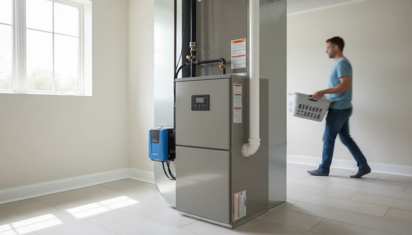 A modern, beige furnace stands prominently in a clean, organized utility room with soft lighting. A person walks by in the background.