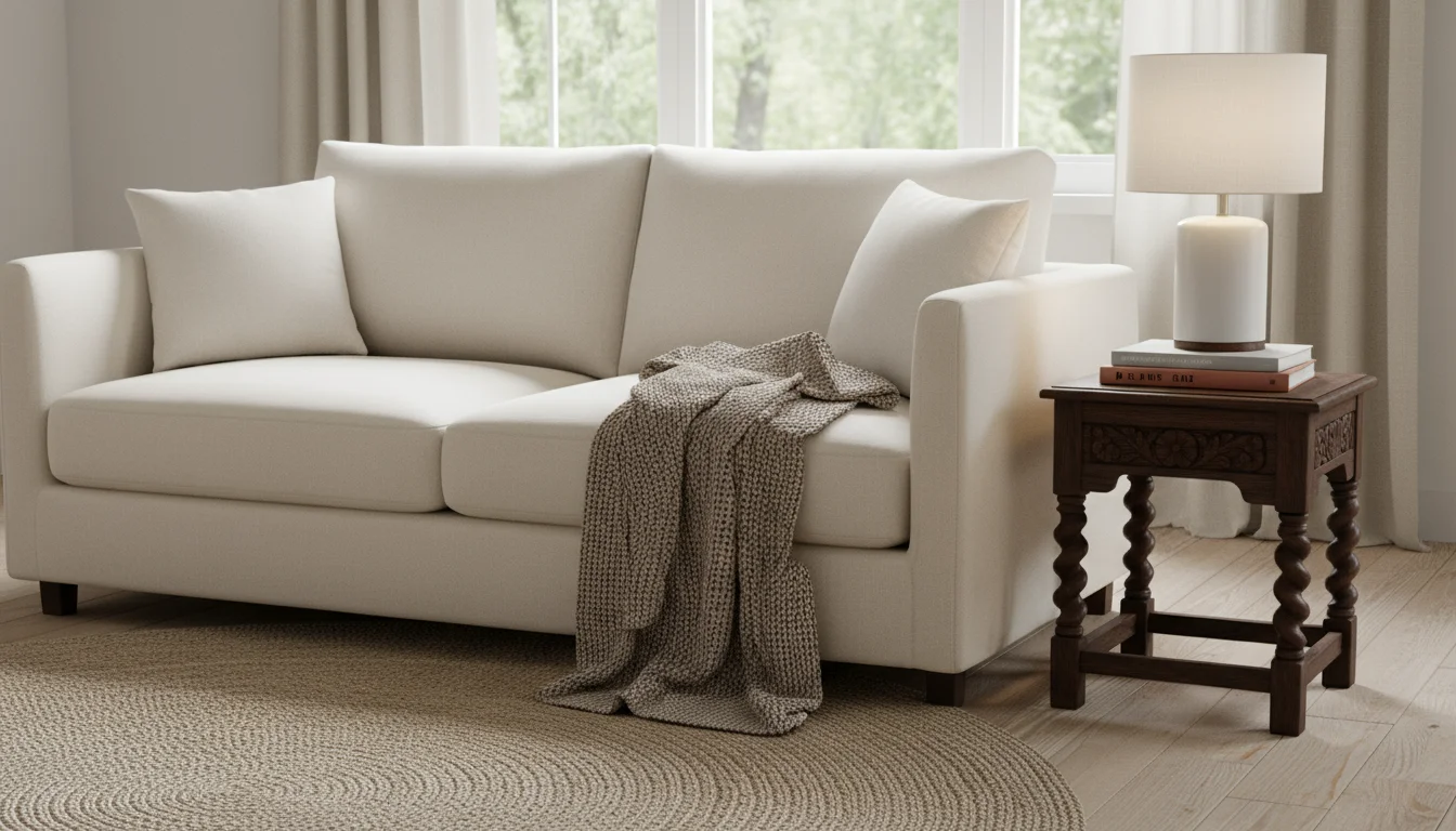 A modern beige sofa sits next to an ornate dark wood vintage side table with a minimalist lamp.