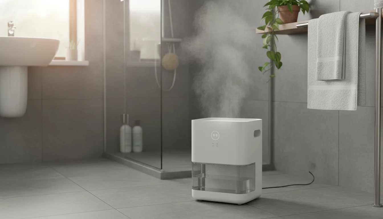 A modern, compact dehumidifier running on the floor of a steamy bathroom, with a folded towel and a small green plant.