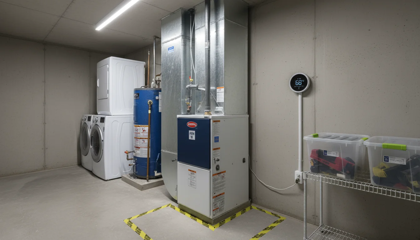 A modern furnace unit in a clean utility corner with clear space around it. Organized, labeled storage bins are on a wall shelf nearby.