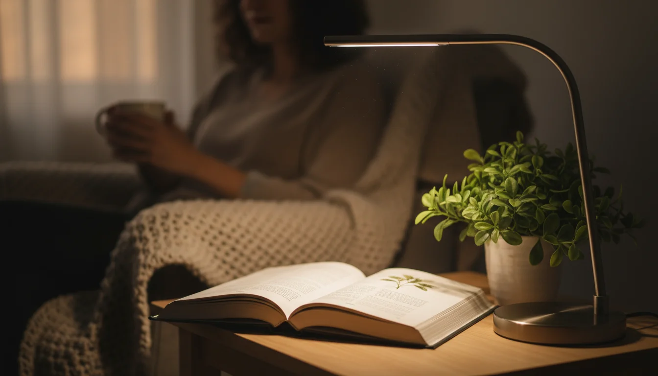 Close-up of a modern LED desk lamp illuminating a book on a wood table, with a person relaxing nearby.