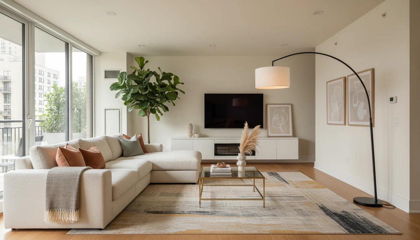 A modern living room with a cream sectional, a glass coffee table too far from the sofa, and an armchair blocking a pathway.