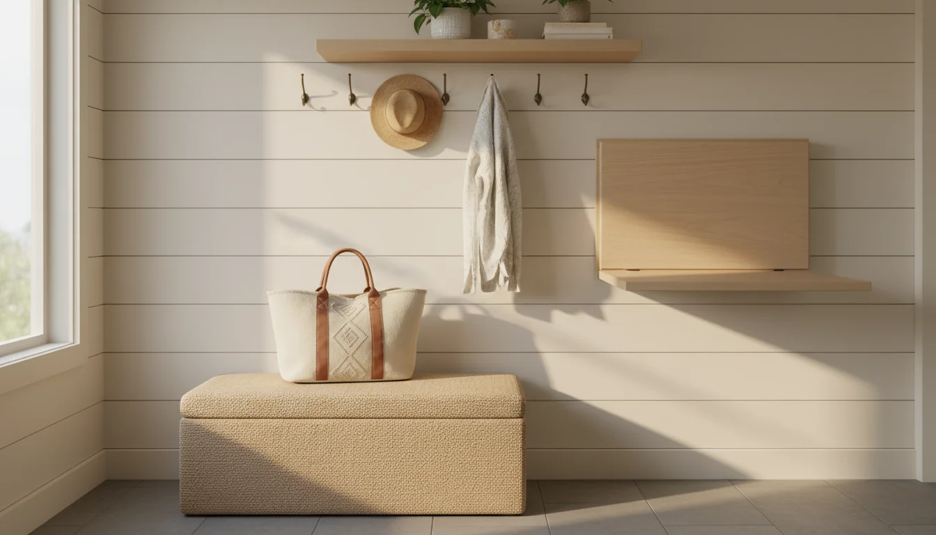 A modern mudroom wall with a neutral fabric storage ottoman, a closed light wood wall-mounted desk, and a mirror with a shelf holding a succulent and 