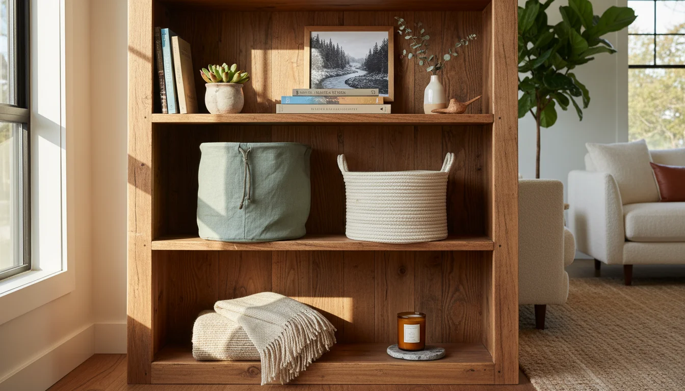 Eye-level view of a modern rustic living room shelf with sage green and cream fabric bins, books, succulent, and framed art.