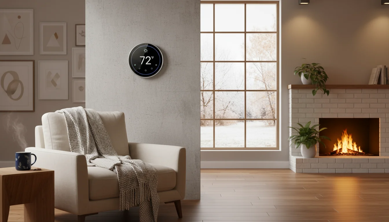 Modern smart thermostat on a light gray wall in a cozy living room with a cream armchair, knit blanket, and steaming mug. Frosty winter view through w