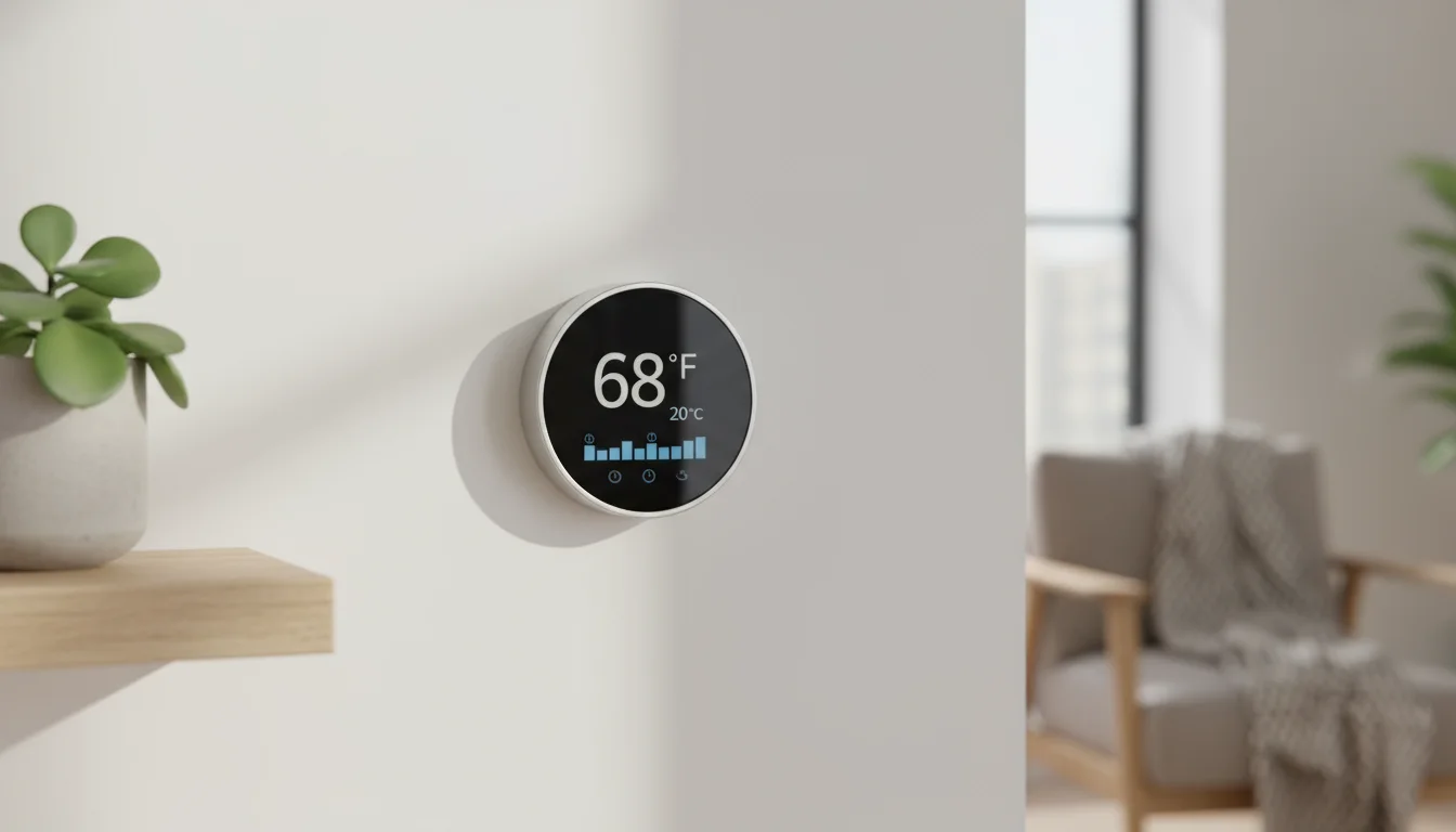 Modern smart thermostat on a light wall, displaying a comfortable temperature and programming schedule. Subtle home decor is blurred in background.