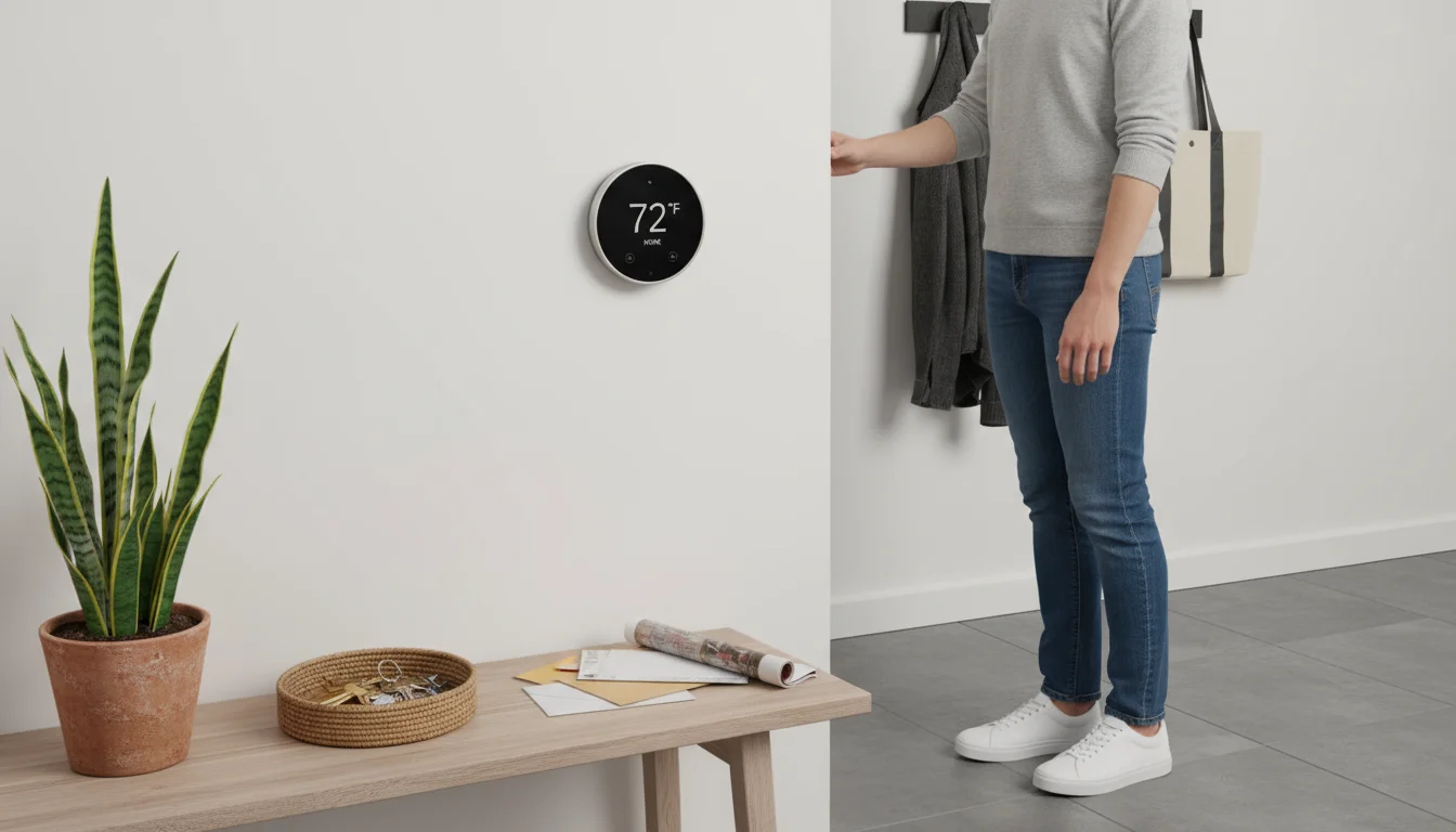 A modern smart thermostat on a wall above a console table with keys, mail, and a plant, as a person walks by.