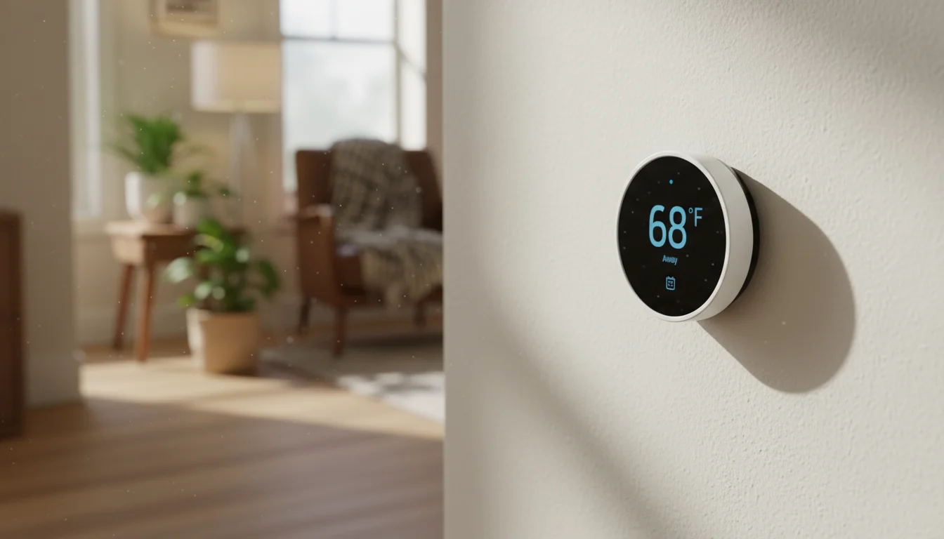 A modern smart thermostat on a wall displaying a scheduled 'away' temperature, with a cozy living room partially visible in the blurred background.