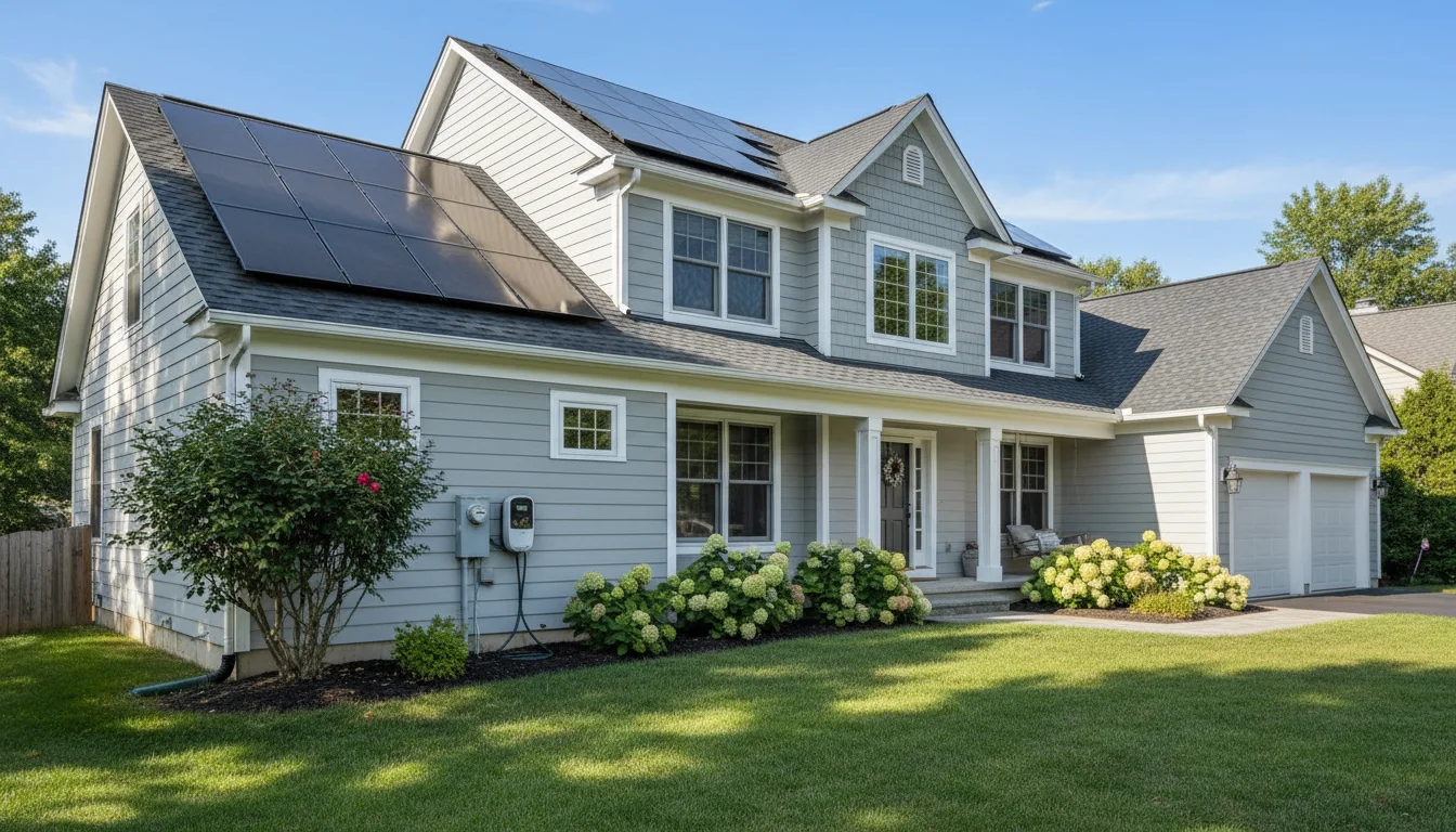 Modern solar panels integrated onto the roof of a charming suburban home on a sunny day, with a visible utility meter.