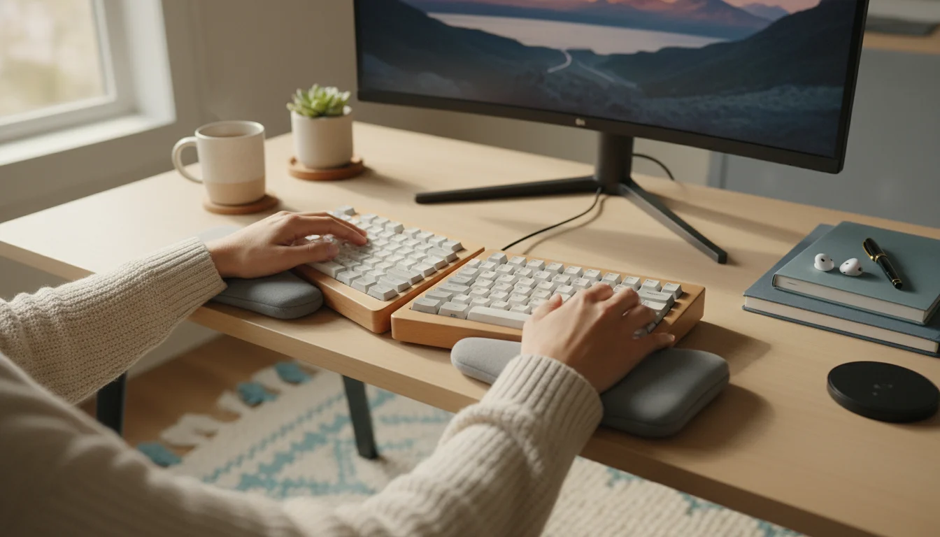 A modern split ergonomic keyboard on a light wooden desk, with a warm mug and small plant. A person's forearms rest near the keyboard.