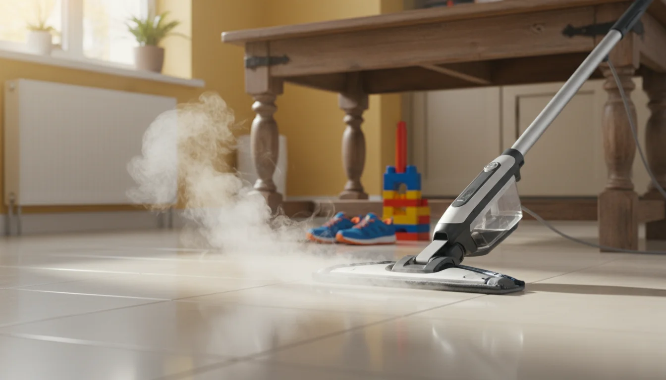 A modern steam mop cleans a light tile kitchen floor, leaving a quick-drying path. Colorful child's sneakers are visible in the background.