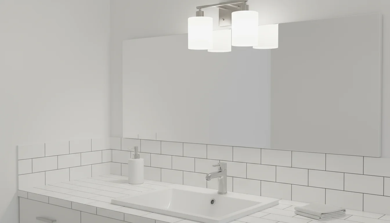 A modern, two-light bathroom vanity fixture above a mirror illuminates a clean counter with a soap dispenser and plant.