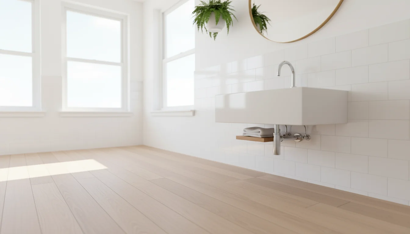 A modern, wall-mounted white ceramic corner sink in a bright, small bathroom, showcasing the clear floor space in front.