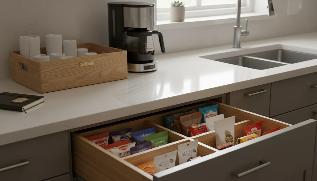 Mostly clear kitchen counter, gleaming from a recent wipe-down. A 