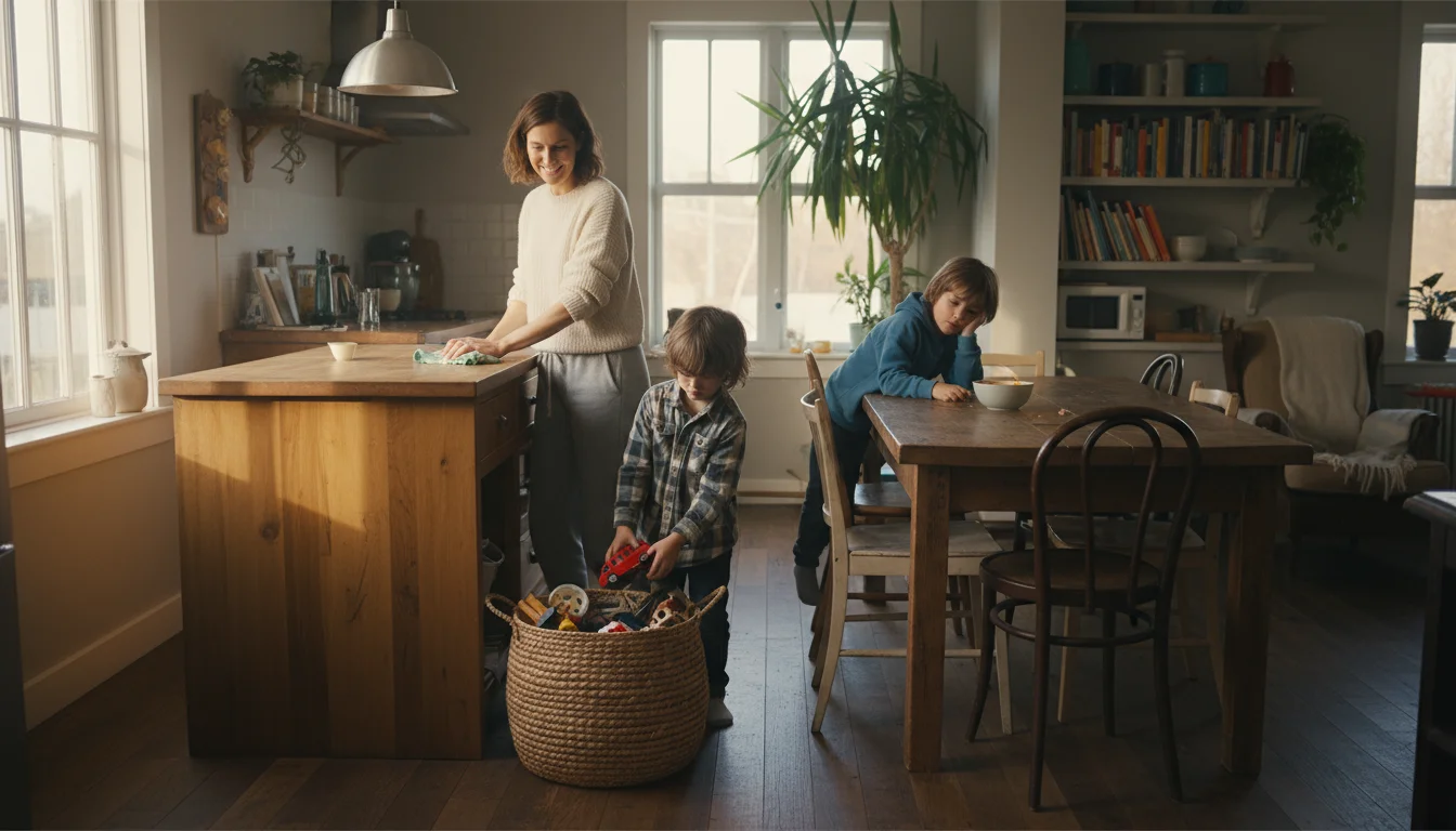 A mother calmly wipes a kitchen island while her child reluctantly puts a toy in a basket. A simple chore chart is visible on the fridge.