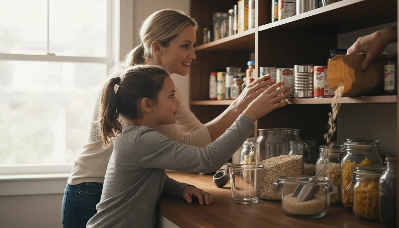 Mother and child collaboratively organizing a pantry shelf, placing a new can behind an older one. Airtight containers are ready on the counter.