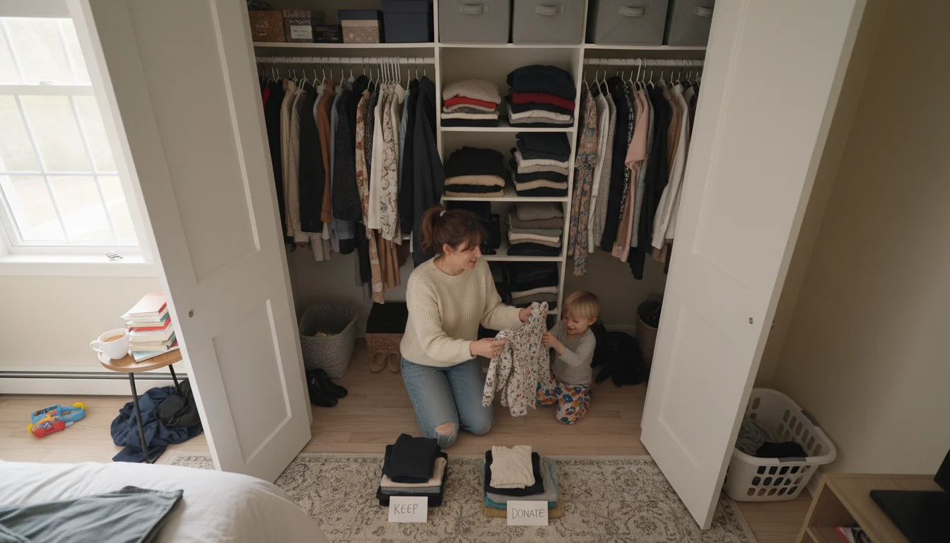 Mother and child kneeling on the floor, sorting clothes into small piles in front of an open, moderately full closet.