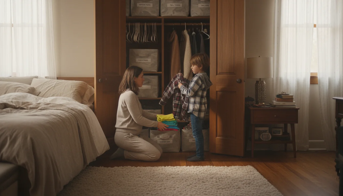 Mother and child organize a closet, swapping summer clothes into bins and assessing a shirt's fit.