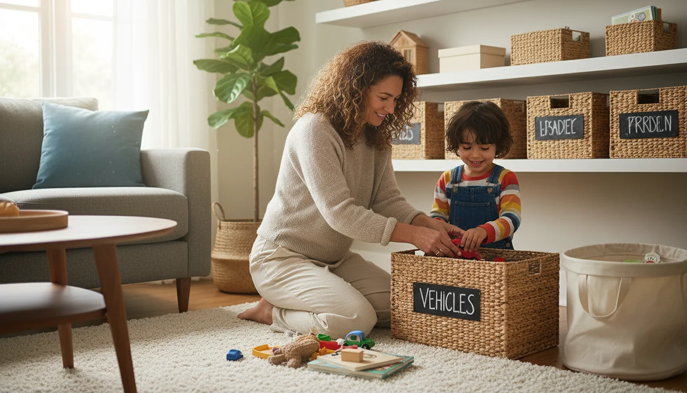 Mother and child organizing a living room corner with labeled baskets and a minimalist shelf, setting up a new home zone.