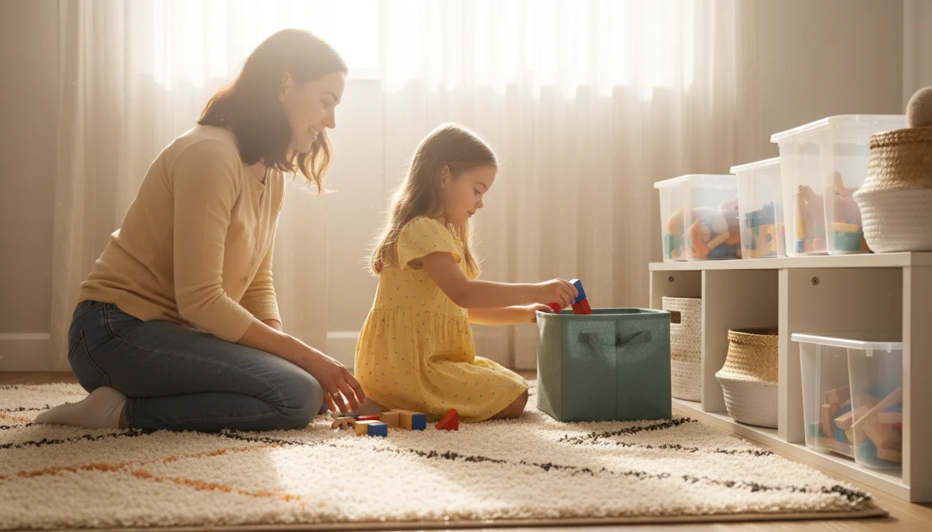 A mother and daughter organize toys on a rug, placing a wooden block into a fabric storage cube.