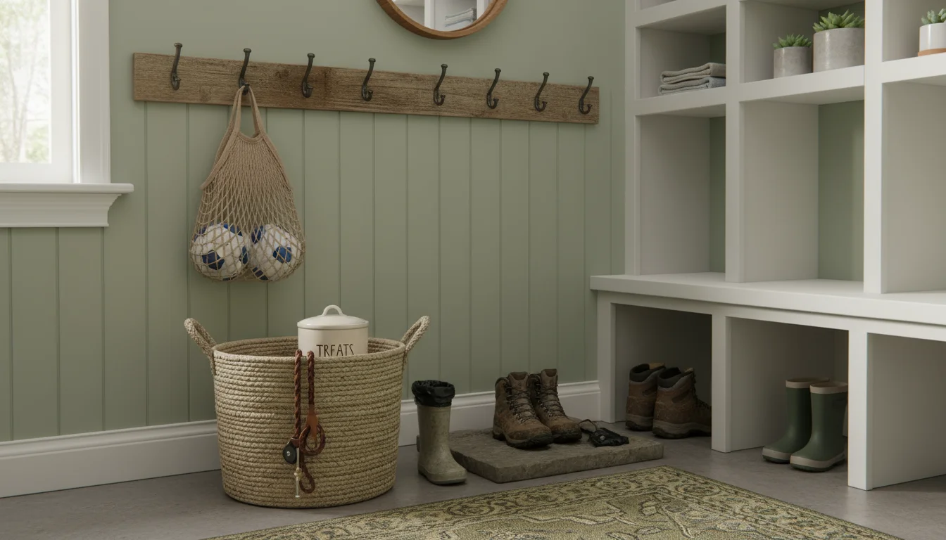 Wide-angle view of a mudroom corner with organized specialty items: a mesh bag with a soccer ball, a basket with pet supplies, and cleaning tools.
