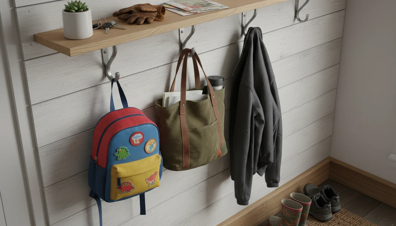 A mudroom wall organized with a child's backpack on a low hook, an adult's bag and jacket on higher hooks, and a shelf with a basket and plant.