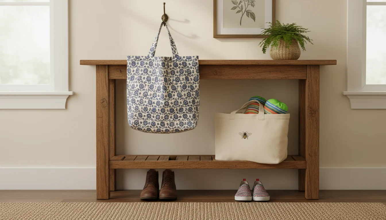 Multiple reusable shopping bags, including canvas, cotton, and folded plastic, organized in a home entryway.