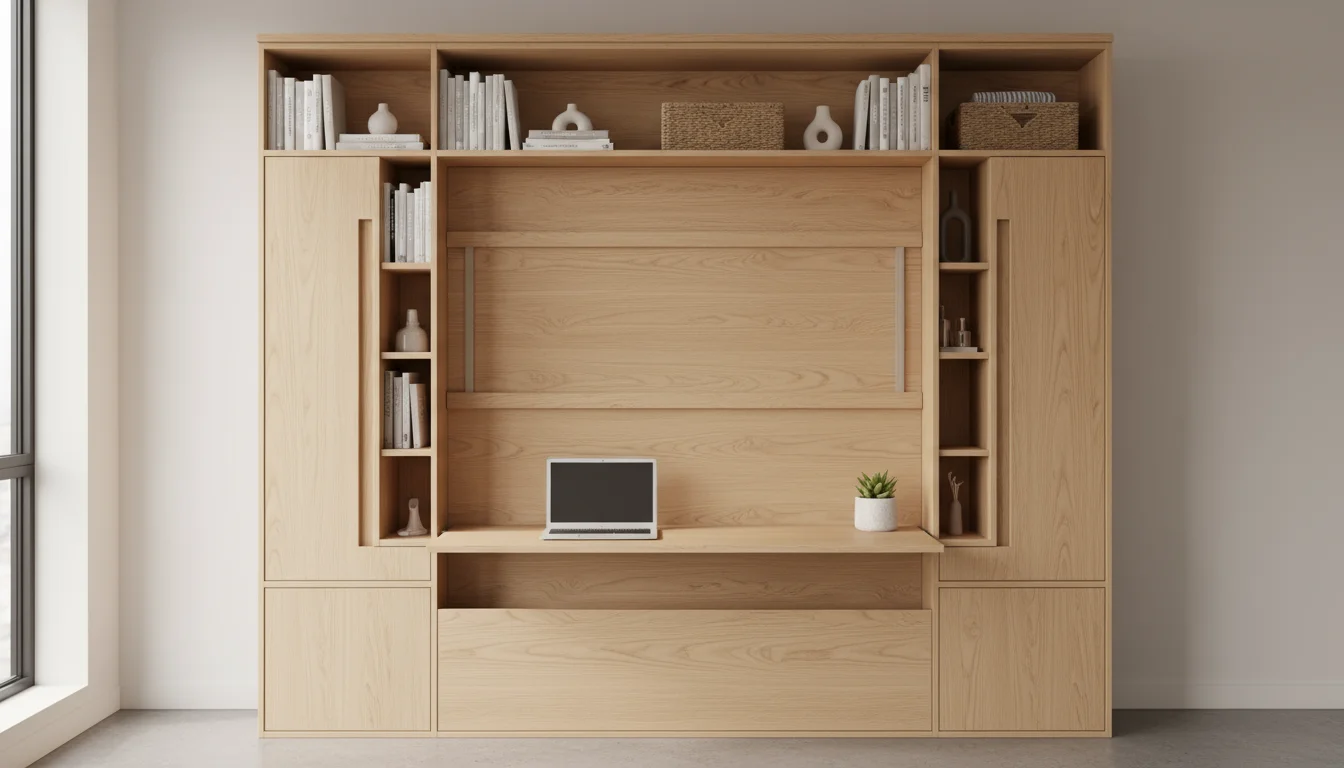 A Murphy bed folded up against a wall, revealing a built-in desk with a laptop and shelves with organized books and a basket.