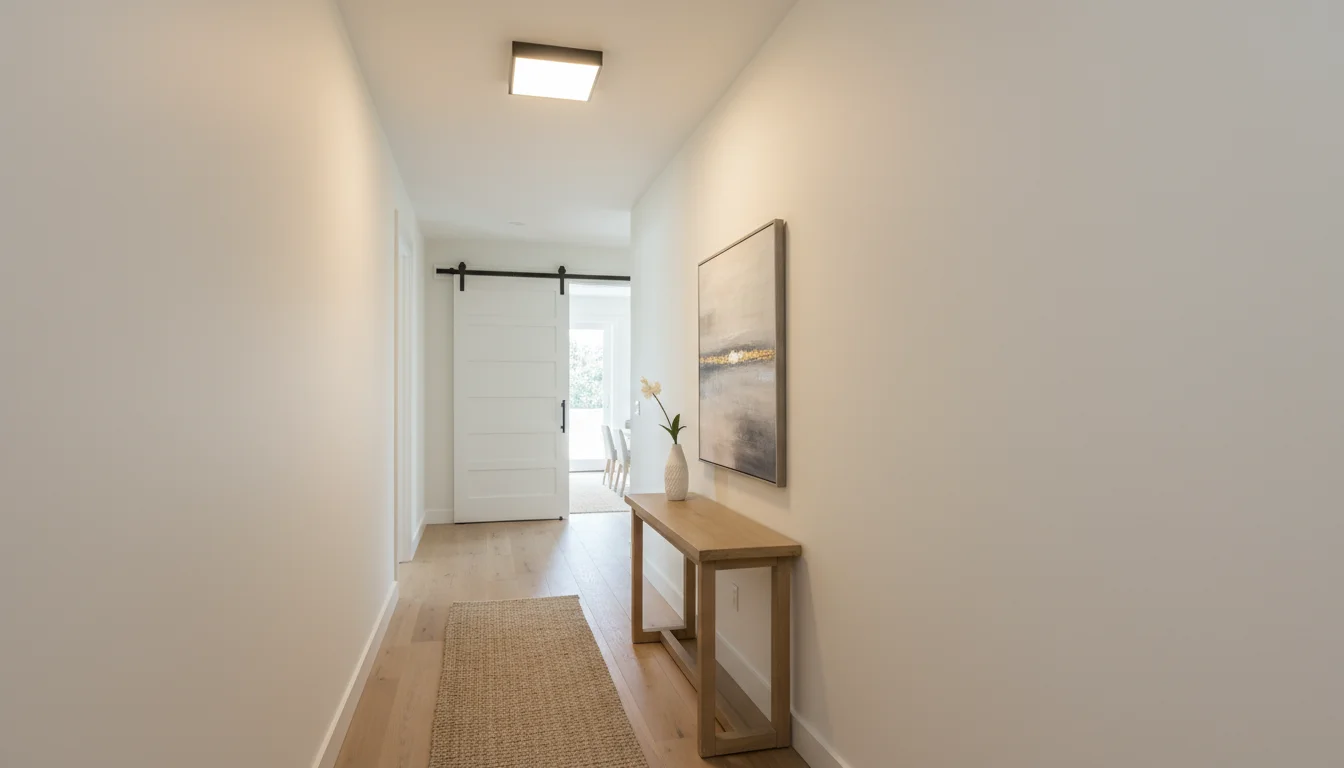 Narrow, brightly lit interior hallway with off-white walls, a modern ceiling light, small console table with a white flower.