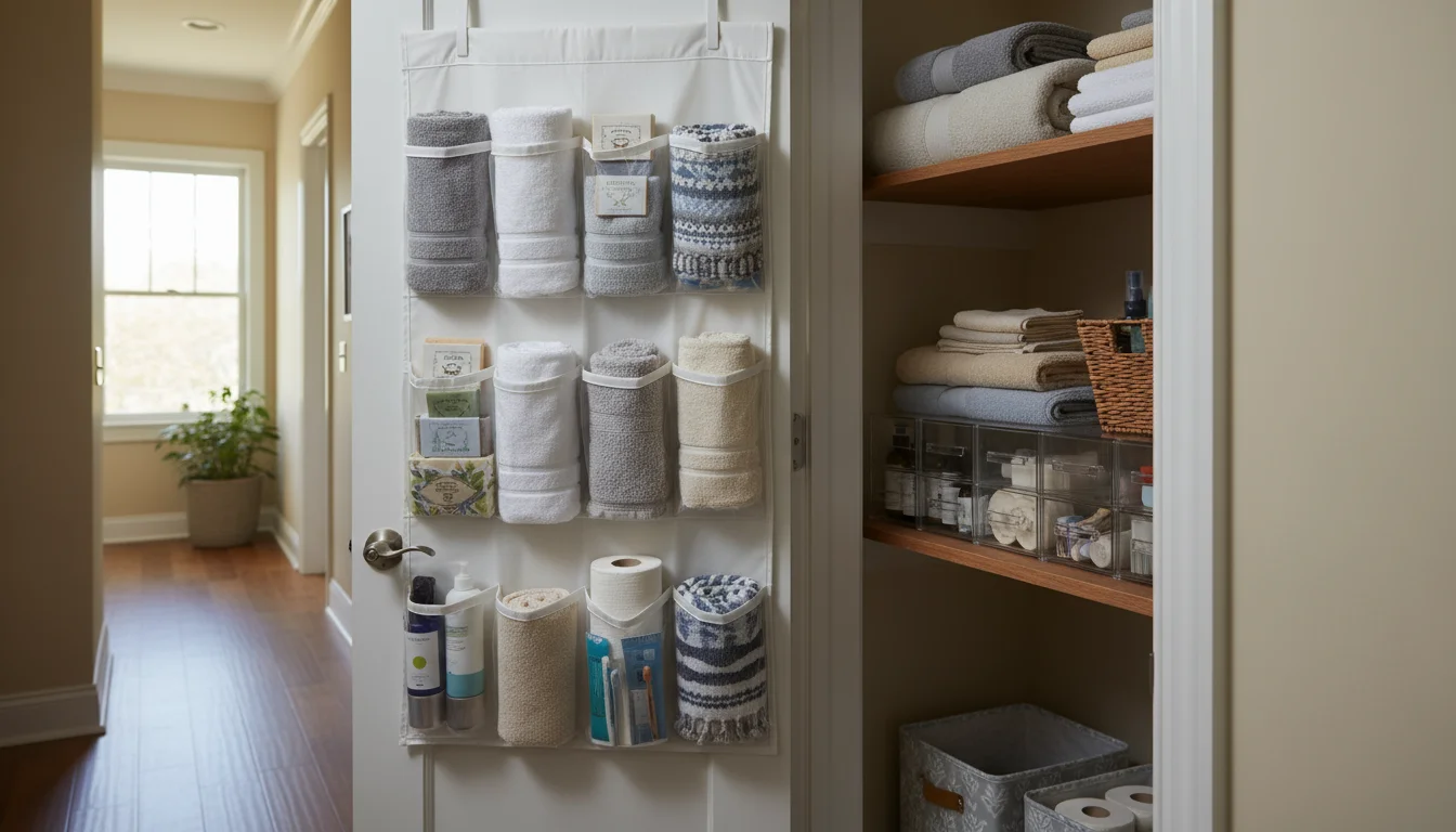 View into a narrow linen closet with a partially open door, showing an over-the-door organizer, stackable bins, and shelf risers.