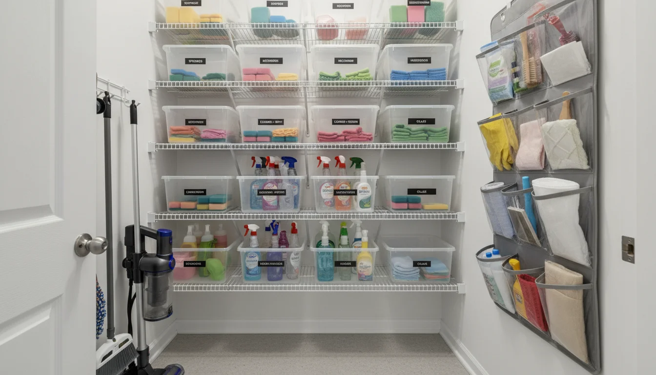 A narrow utility closet transformed with practical vertical storage: white wire shelves with clear bins, an over-the-door organizer, and a rolling car