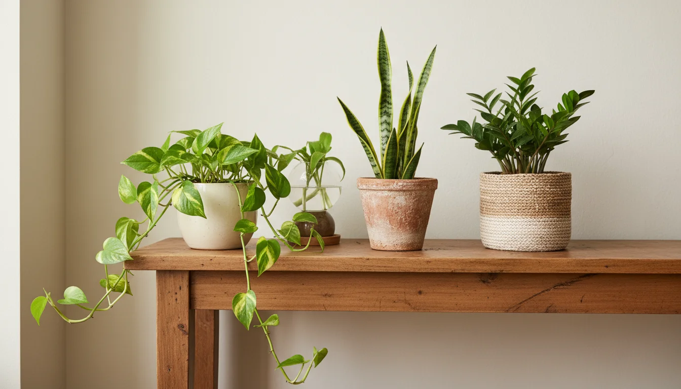A natural wooden console table showcases potted easy-care houseplants in ceramic, terracotta, and woven pots, interspersed with simple wooden decor.