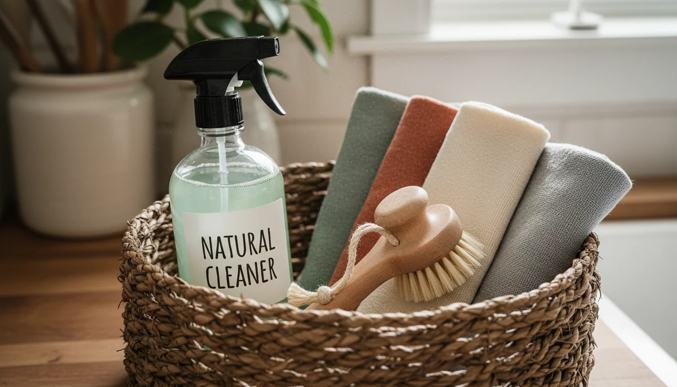 A natural woven basket filled with neatly organized, essential quick-cleaning supplies like a spray bottle, folded microfiber cloths, and a small scru