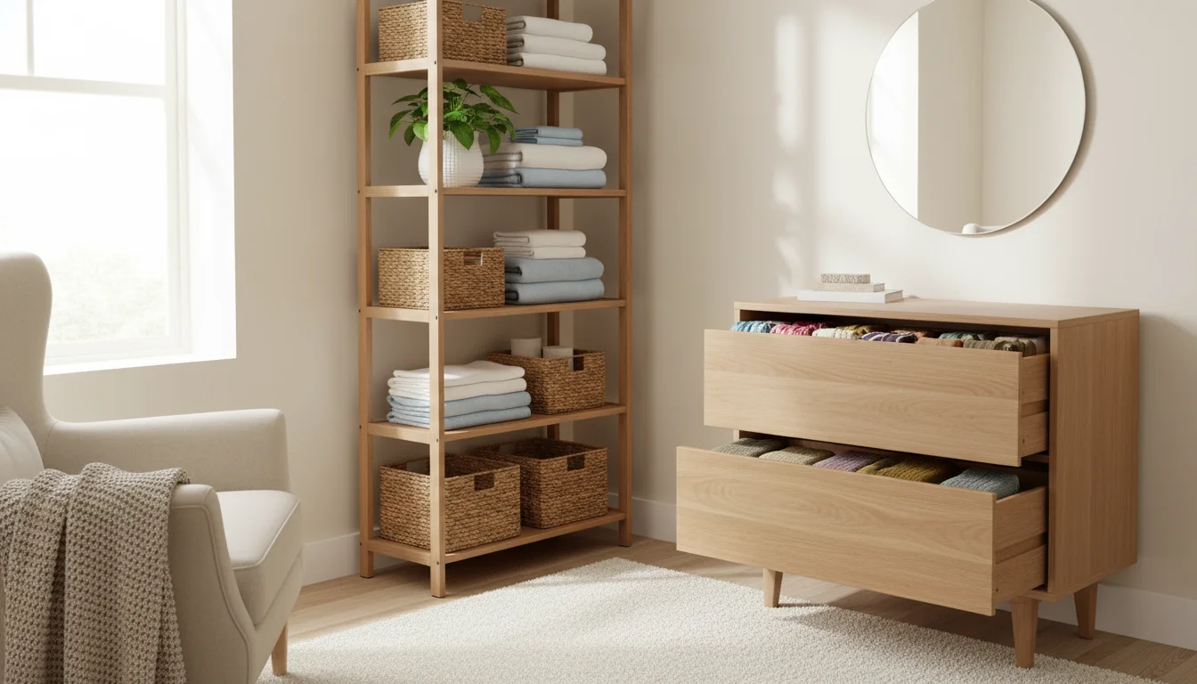 A naturally lit corner of a small bedroom showing a tall open shelf with woven baskets and a light wood dresser with organized drawers.