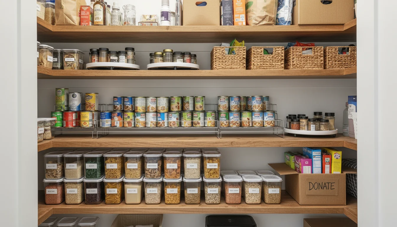 Wide, naturally lit pantry: lower shelves show clear containers and canned goods on risers, with a small donate pile. A fresh, organized start.