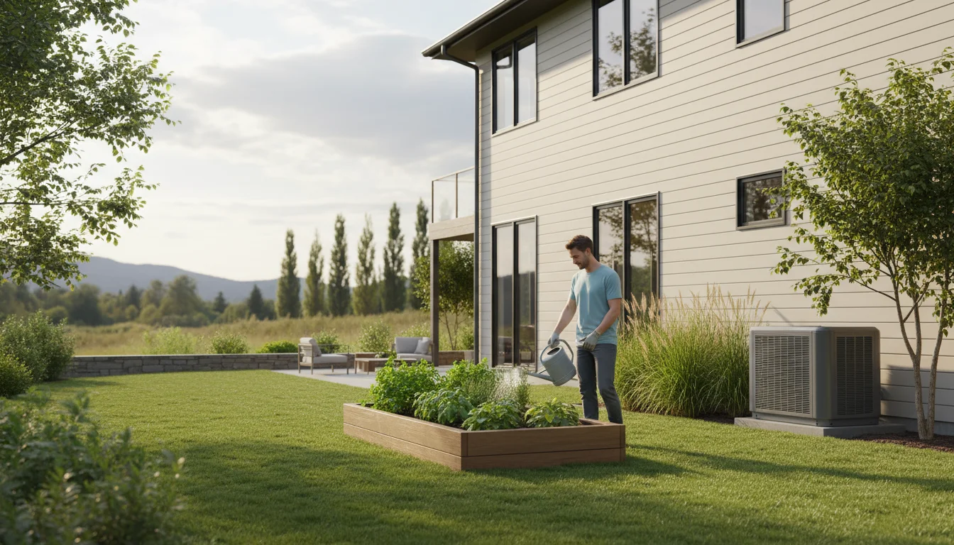 A neat backyard scene featuring a modern house and a sleek grey outdoor HVAC unit. A person waters a small herb garden in soft morning light.