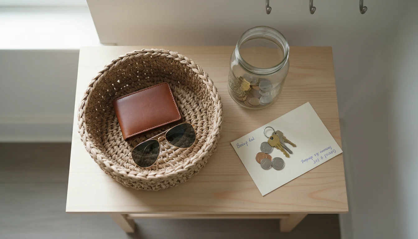 Overhead view of a neat entryway table. A woven basket holds a wallet and sunglasses, next to a jar with keys and change.