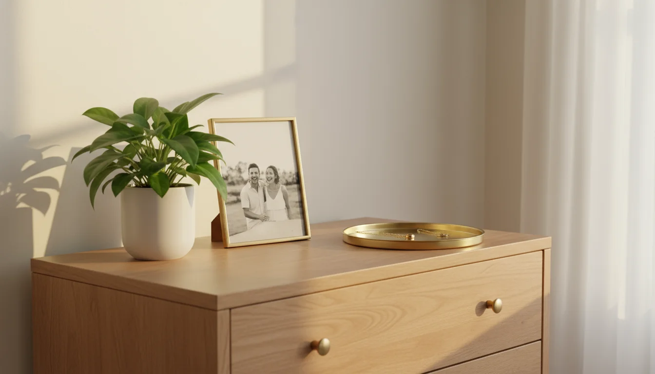 A neat wooden dresser top displaying a small green houseplant, a framed black and white photo, and a delicate gold necklace on a brass tray.