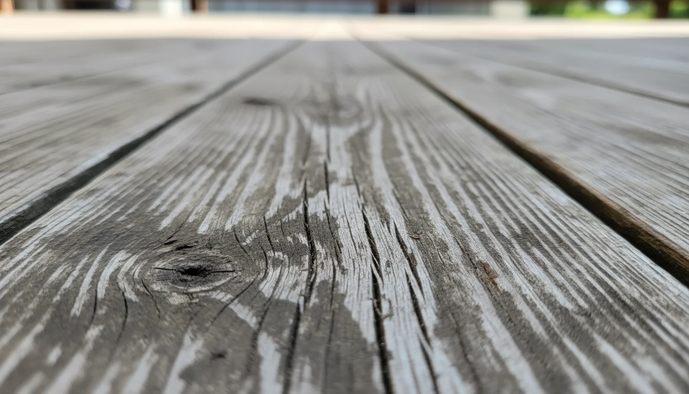 Close-up of a neglected wooden deck board with dark moisture stains and splintered, sun-damaged patches.