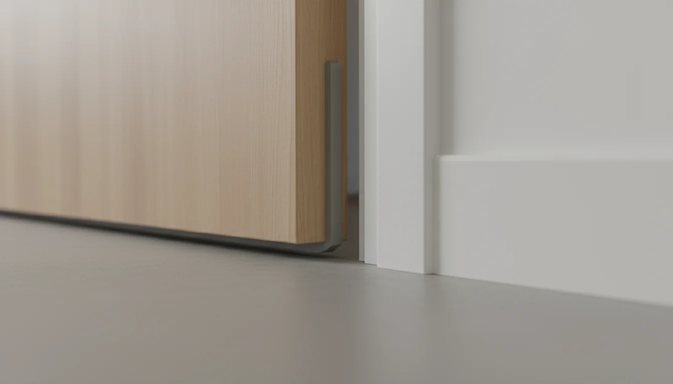 Close-up of a neutral-toned rubber door gasket creating a tight seal on a closed interior door, seen from a low angle.