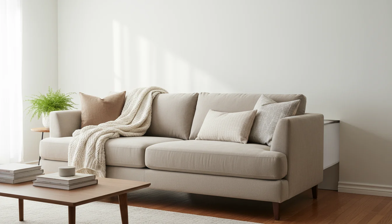 A neutral-toned sofa is pulled eight inches from a light wall in a cozy living room, showing the purposeful gap behind it.