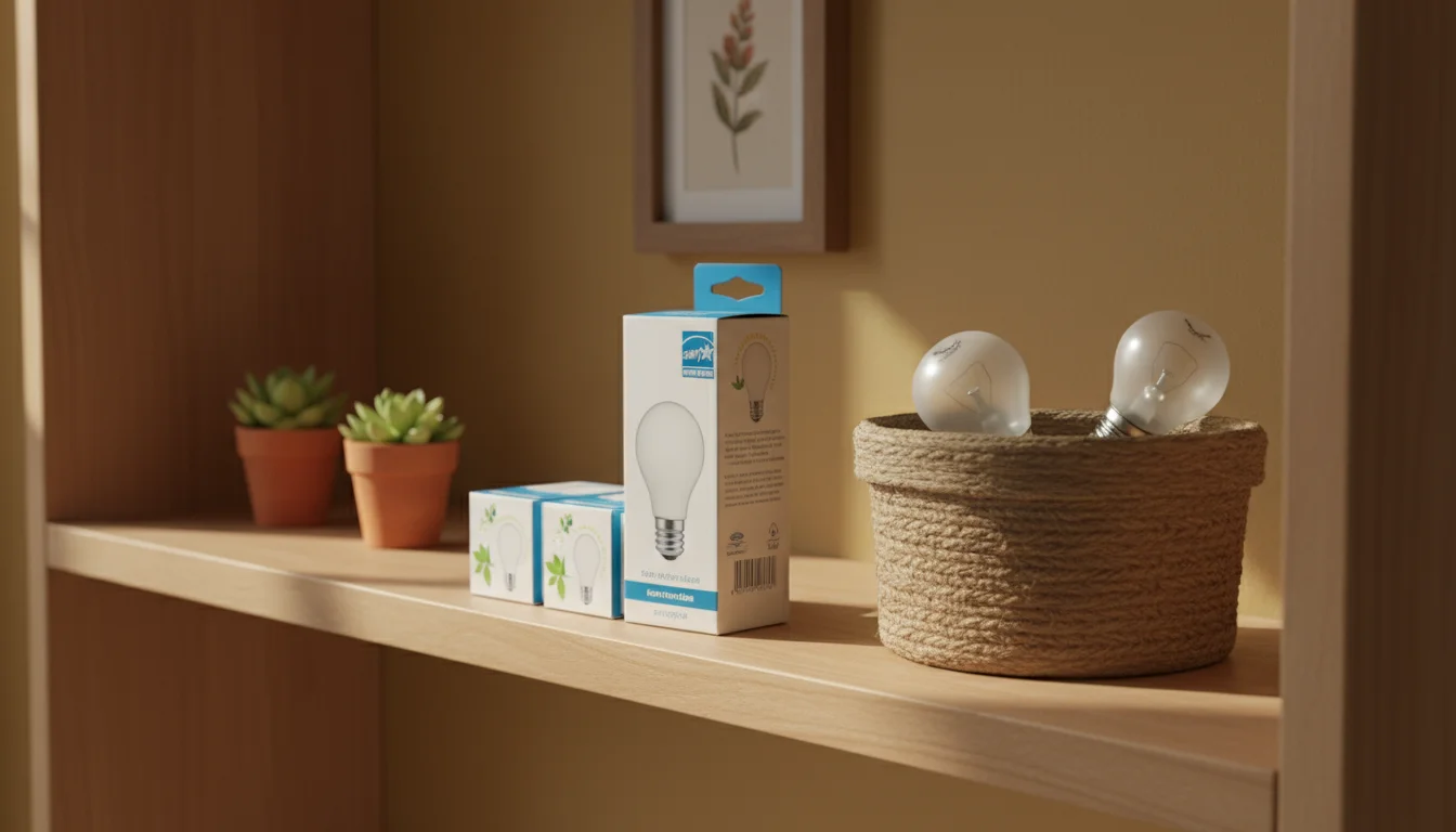 New LED bulb packages and a basket of old, burnt-out light bulbs are neatly arranged on a utility shelf.