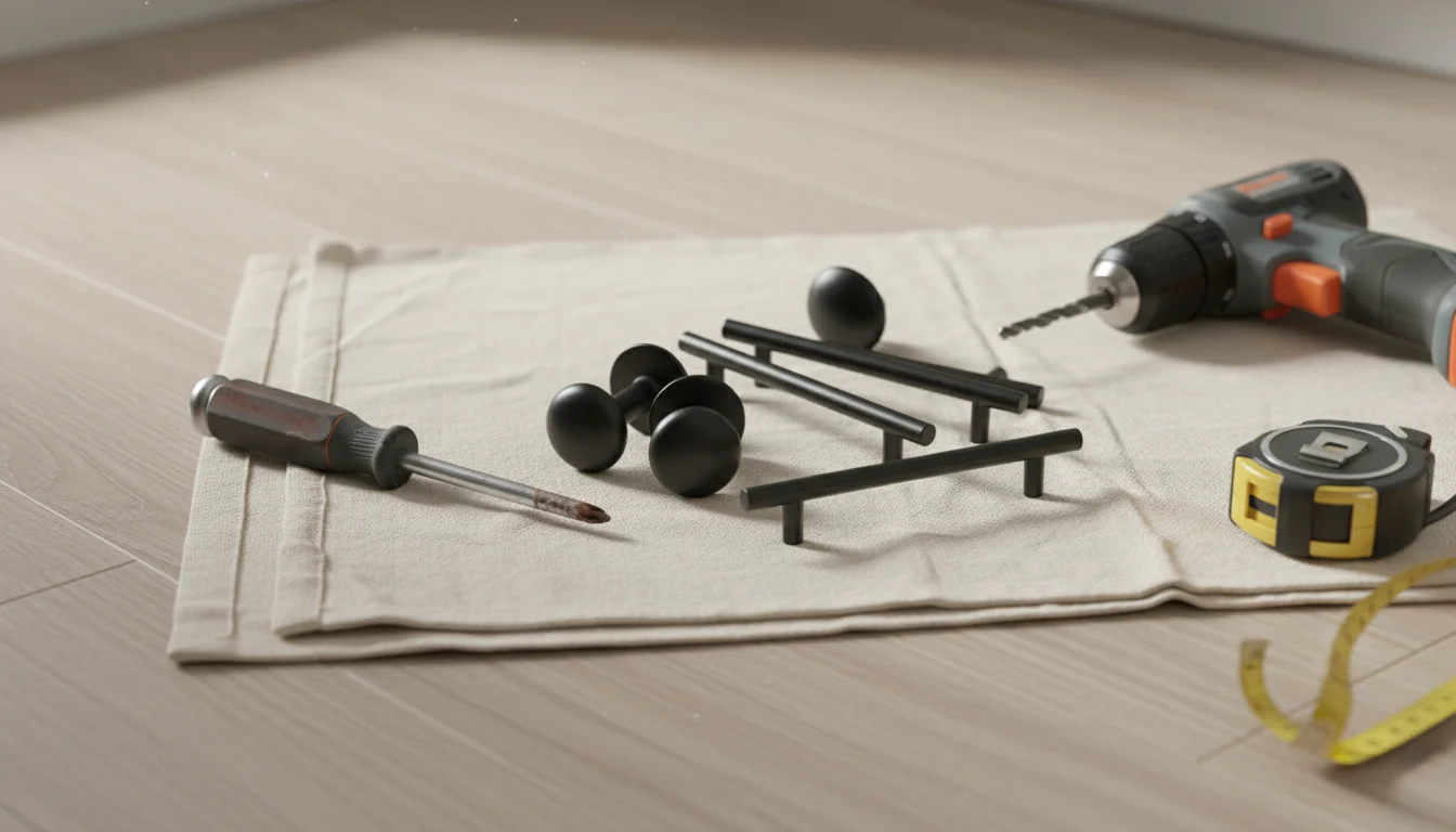 New matte black cabinet knobs and pulls, a screwdriver, cordless drill, and measuring tape laid out on a drop cloth on a kitchen floor, ready for use.