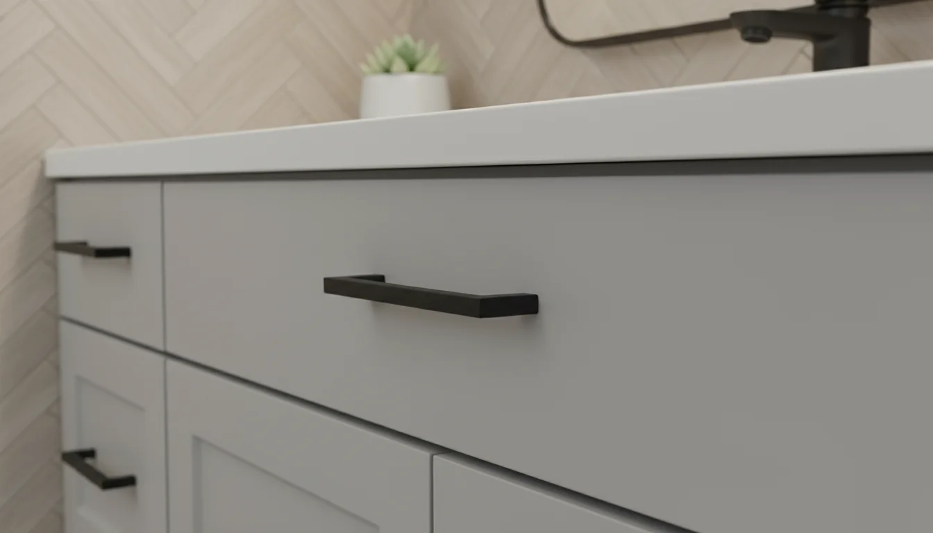 Close-up of a new matte black cabinet pull on a light gray bathroom vanity drawer, with a blurred, clean bathroom background.