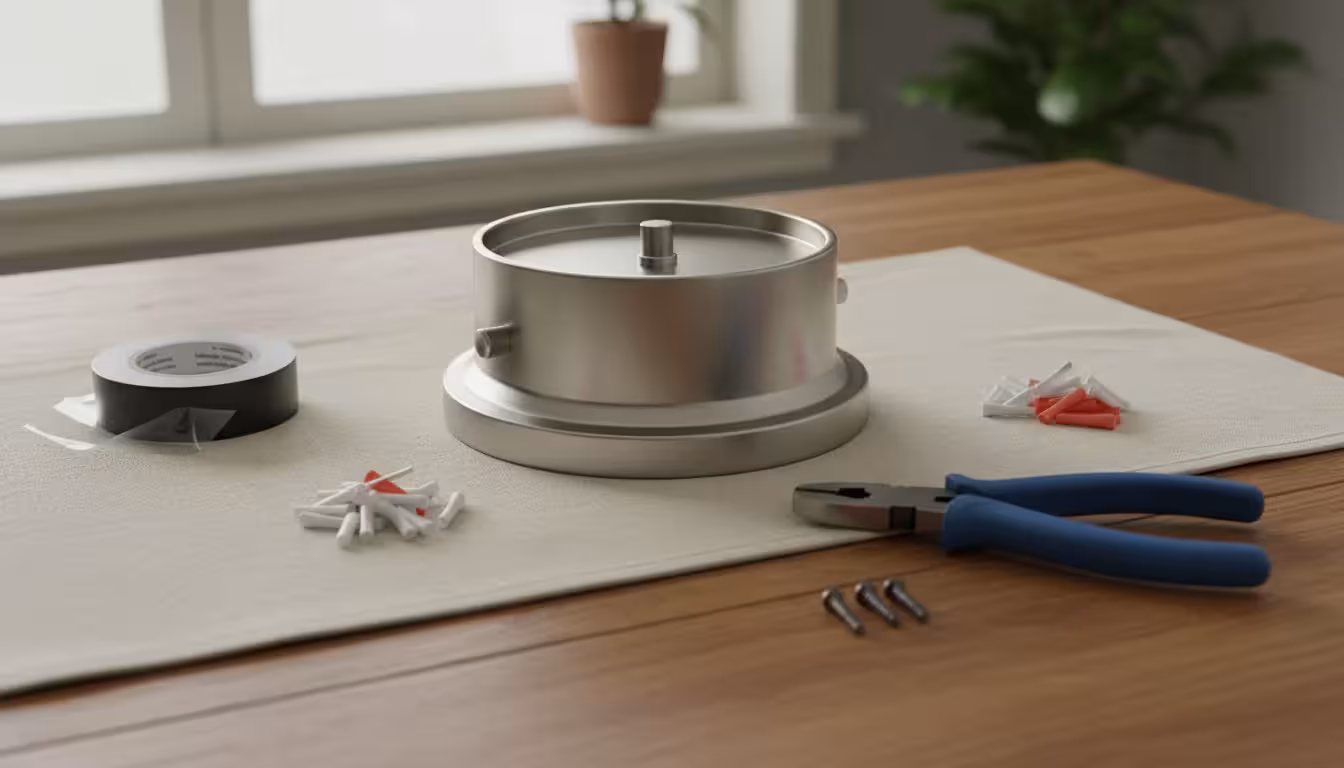 A new semi-flush mount light fixture resting on a gray cloth, surrounded by wire nuts, electrical tape, and mounting hardware.